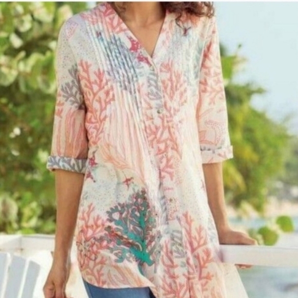 Soft Surroundings Orange and White 3/4 Sleeve Coral Print Button Down Shirt. Siz - Picture 6 of 6